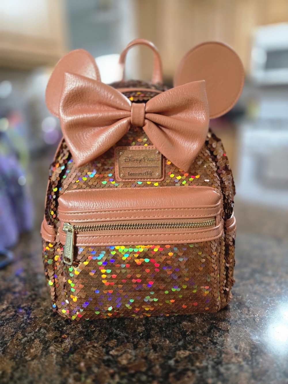 Loungefly Disney Rose Gold Sequin Mini Backpack with Bow and Ears